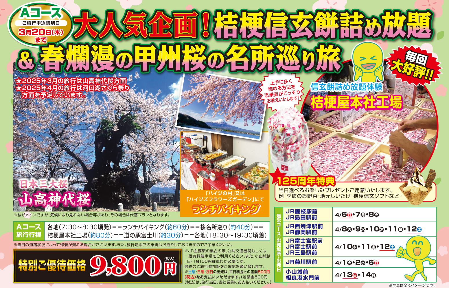Aコース『大人気企画！桔梗屋信玄餅詰め放題＆春爛漫の甲州桜の名所巡り旅』